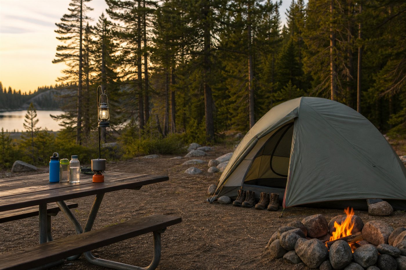 Well-organized campsite at golden hour with tent pitched away from the wind
