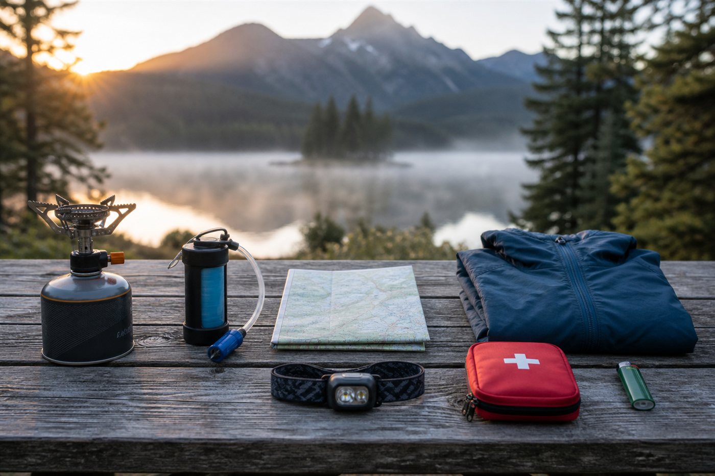 Camping gear laid out in neat rows on a picnic table at sunrise