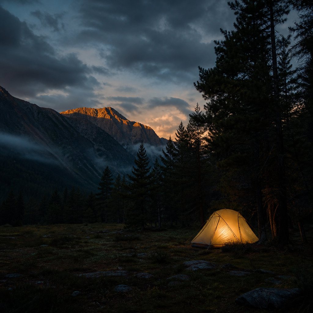 Tent glowing at a remote mountain campsite at blue hour under storm clouds
