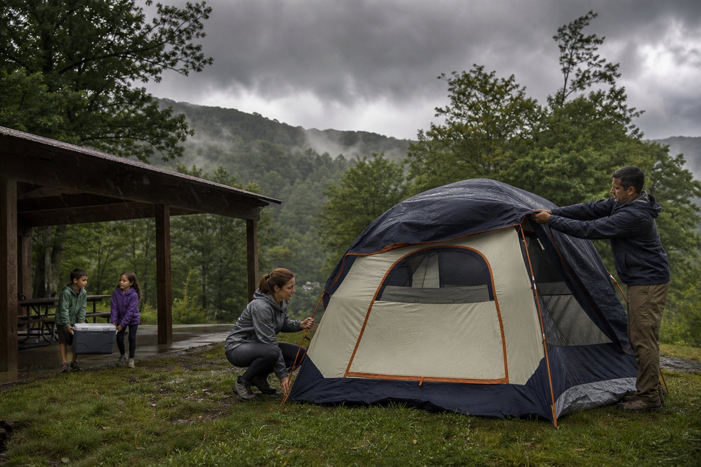 Family securing their tent against a sudden storm at a forest campground