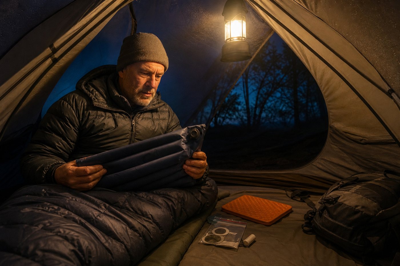 Camper inside a lantern-lit tent at night inspecting a deflated sleeping pad