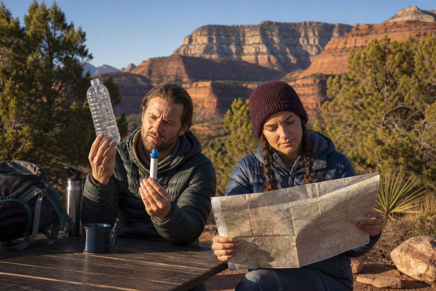 Couple at a Utah campsite examining a water filter and empty bottle